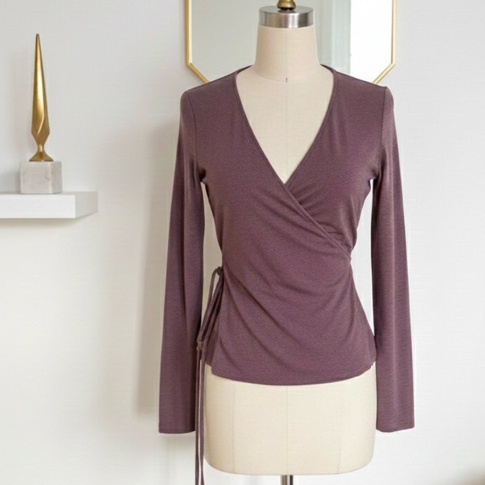Wilfred| Aritzia| Mauve Long Sleeve V-Neck Casual Side Tie Knit Wrap Blouse Sz
